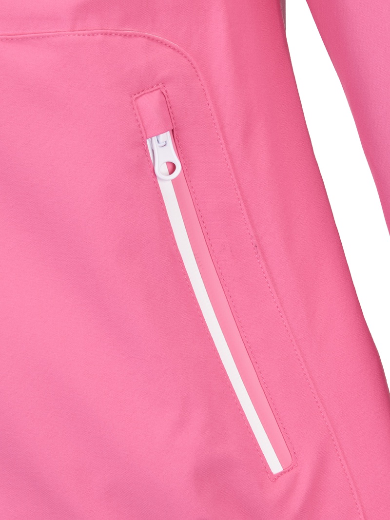 Leichte wasserdichte Damenjacke mit zweifarbigen Reißverschlüssen und verbundenen Kapuzennähten. Regenjacke