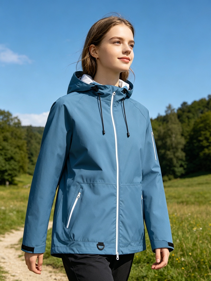 Leichte wasserdichte Damenjacke mit verbundener Kapuze, versiegelten Nähten mit zweifarbigen Reißverschlüssen und Windjacke