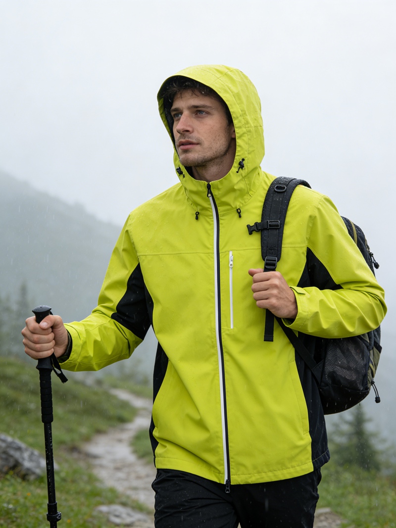 Leichte wasserdichte Herrenjacke mit verbundener Kapuze, versiegelten Bicolor-Reißverschlüssen und Windjacke 