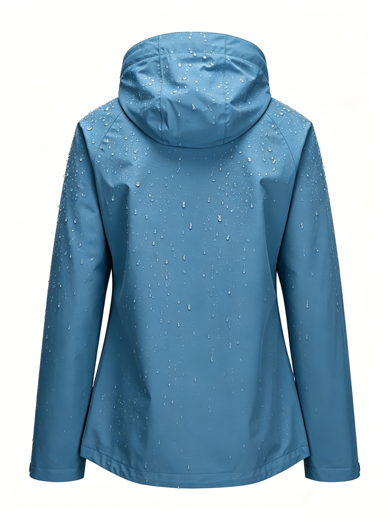 Leichte wasserdichte Damenjacke mit verbundener Kapuze, versiegelten Nähten mit zweifarbigen Reißverschlüssen und Windjacke