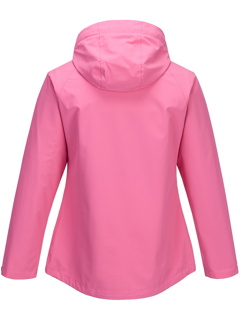 Leichte wasserdichte Damenjacke mit zweifarbigen Reißverschlüssen und verbundenen Kapuzennähten. Regenjacke