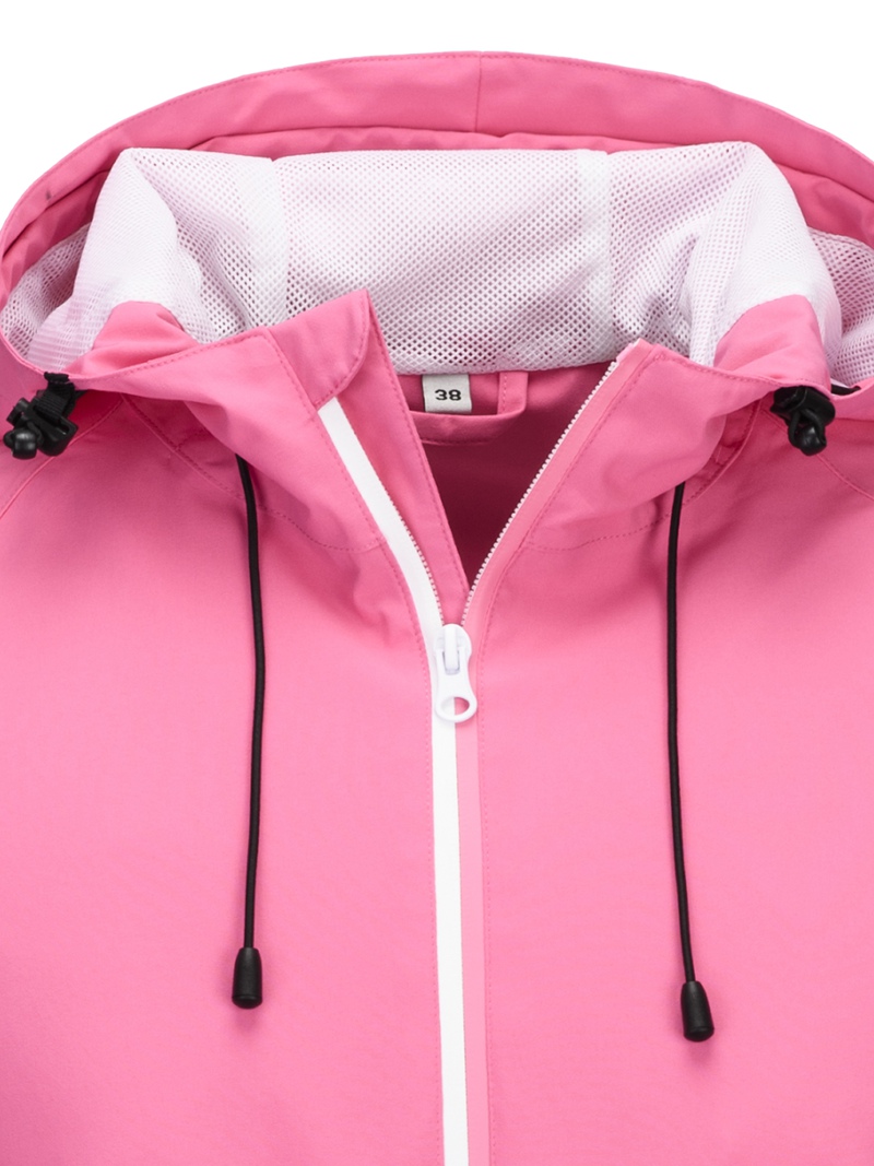 Leichte wasserdichte Damenjacke mit zweifarbigen Reißverschlüssen und verbundenen Kapuzennähten. Regenjacke