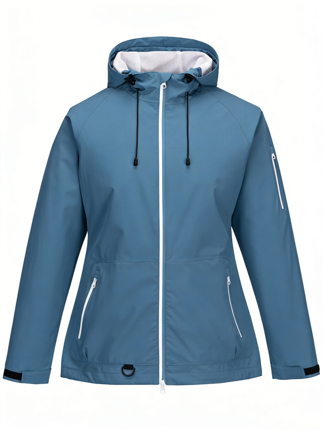 Leichte wasserdichte Damenjacke mit verbundener Kapuze, versiegelten Nähten mit zweifarbigen Reißverschlüssen und Windjacke