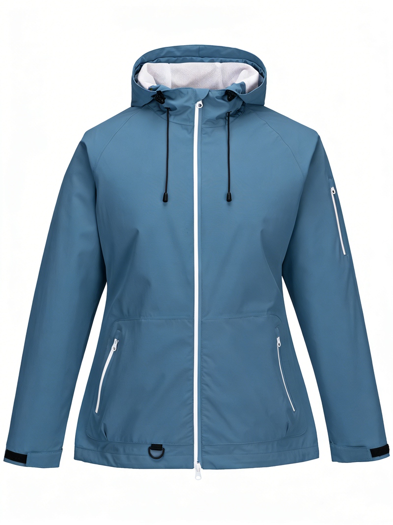 Leichte wasserdichte Damenjacke mit verbundener Kapuze, versiegelten Nähten mit zweifarbigen Reißverschlüssen und Windjacke