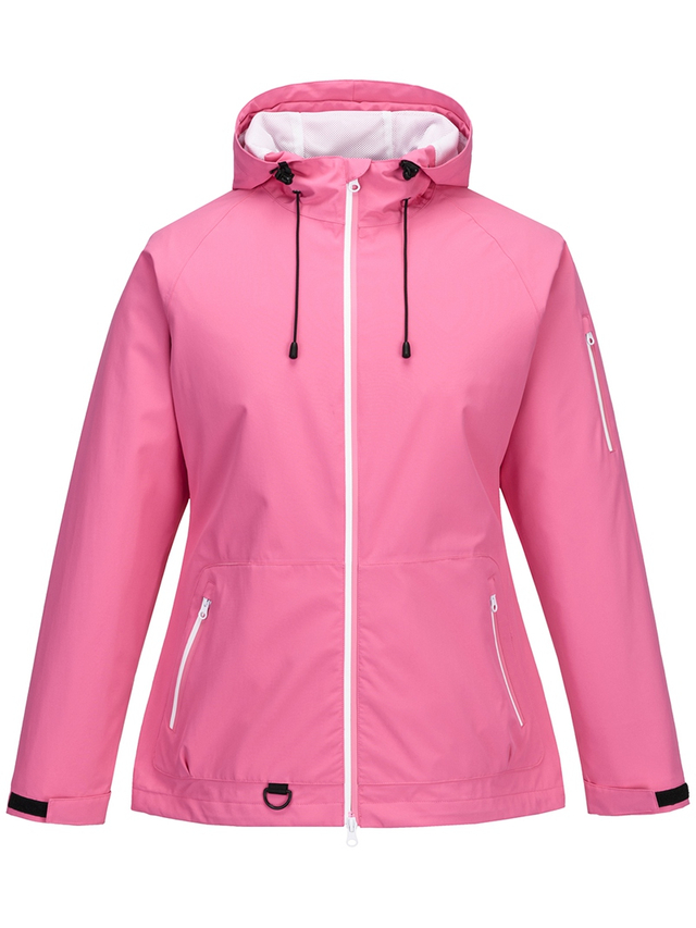 Leichte wasserdichte Damenjacke mit zweifarbigen Reißverschlüssen und verbundenen Kapuzennähten. Regenjacke