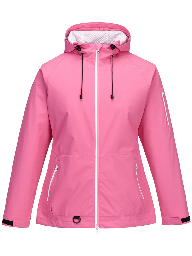 Leichte wasserdichte Damenjacke mit zweifarbigen Reißverschlüssen und verbundenen Kapuzennähten. Regenjacke