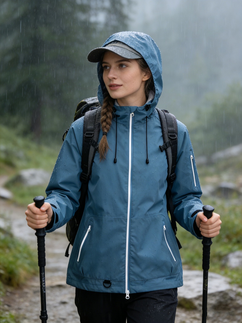 Leichte wasserdichte Damenjacke mit verbundener Kapuze, versiegelten Nähten mit zweifarbigen Reißverschlüssen und Windjacke
