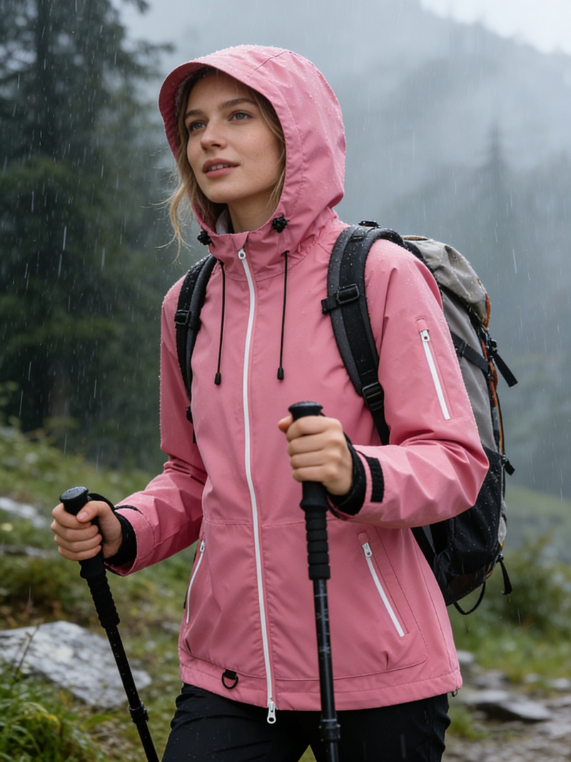 Leichte wasserdichte Damenjacke mit zweifarbigen Reißverschlüssen und verbundenen Kapuzennähten. Regenjacke
