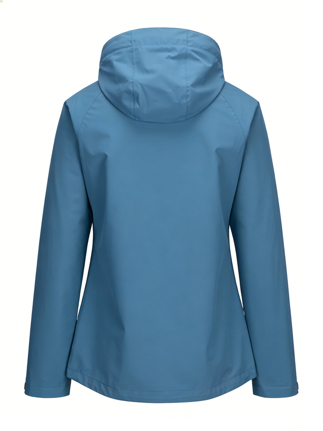 Leichte wasserdichte Damenjacke mit verbundener Kapuze, versiegelten Nähten mit zweifarbigen Reißverschlüssen und Windjacke