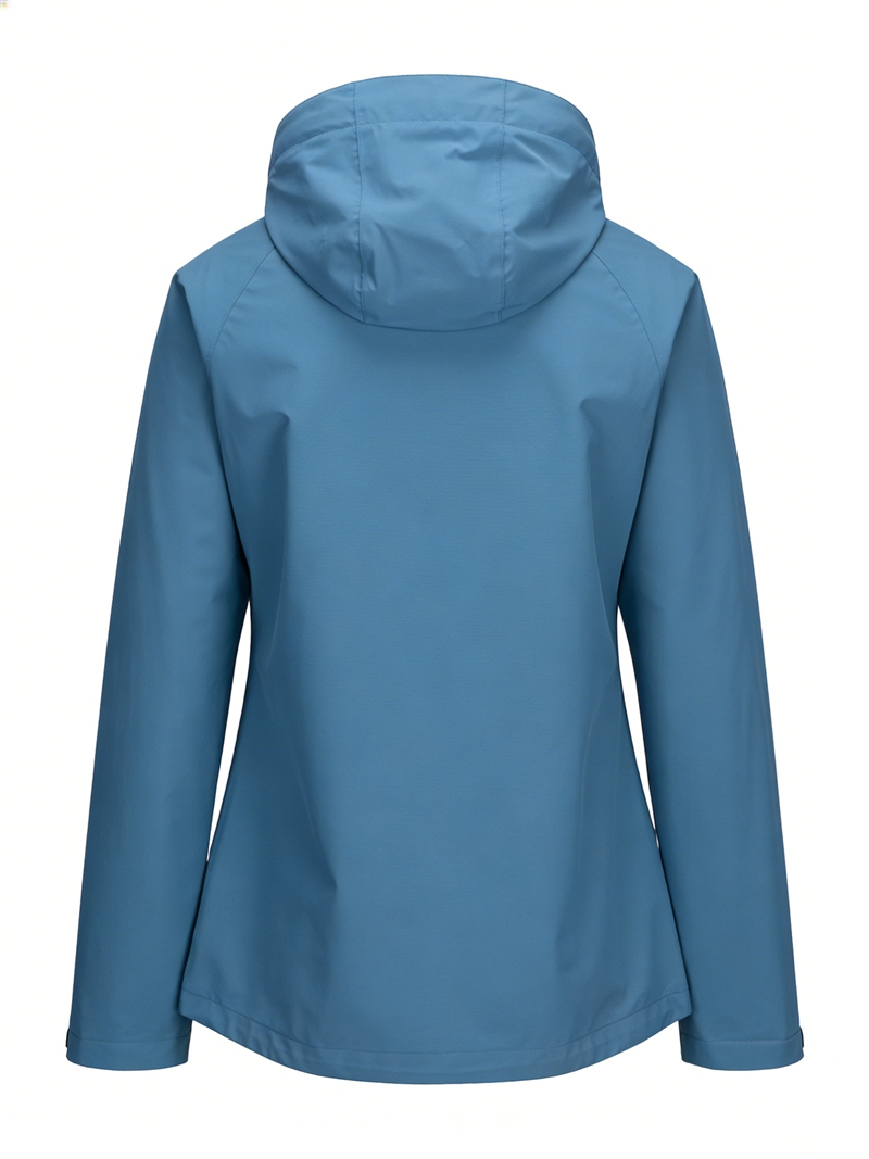 Leichte wasserdichte Damenjacke mit verbundener Kapuze, versiegelten Nähten mit zweifarbigen Reißverschlüssen und Windjacke